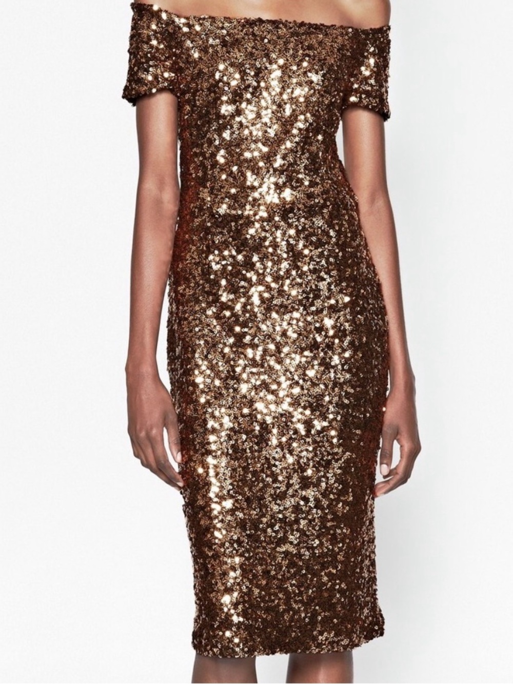 French Connection One-Shoulder Sequin Midi Dress in Bronze Size 2